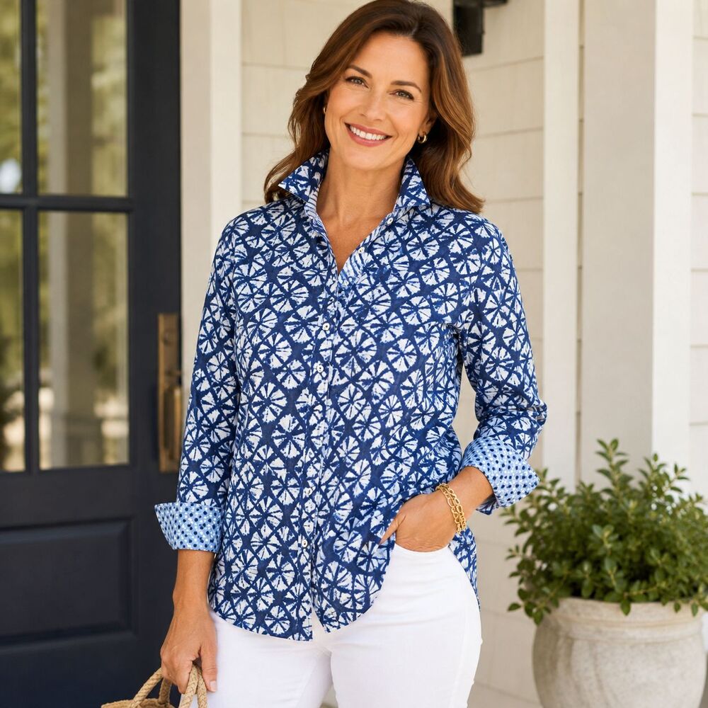 Talbots Modern Classic Shirt M Blue Batik Foulard 100% Cotton Button Front Beach